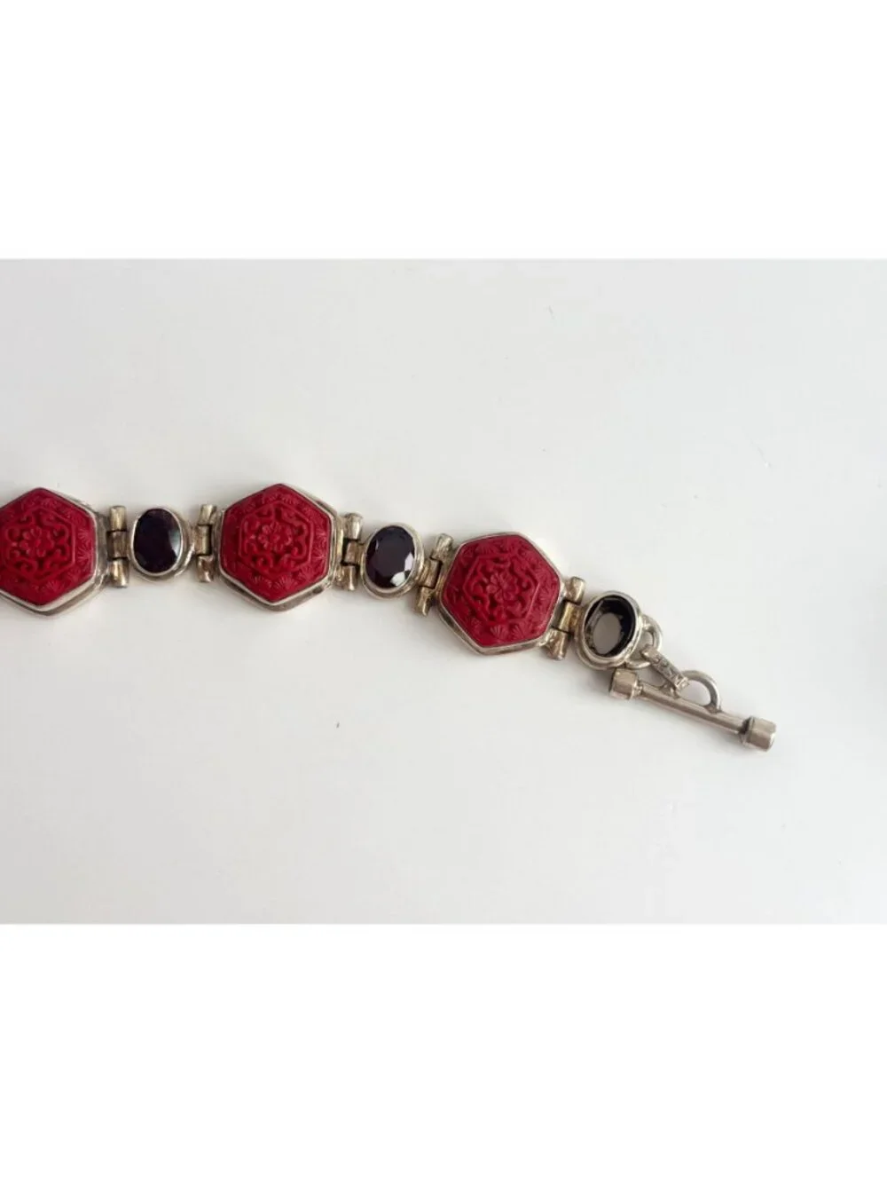 Cinnabar Hand Carved Sterling Silver Octagon Vintage Chainlink 925 Bracelet